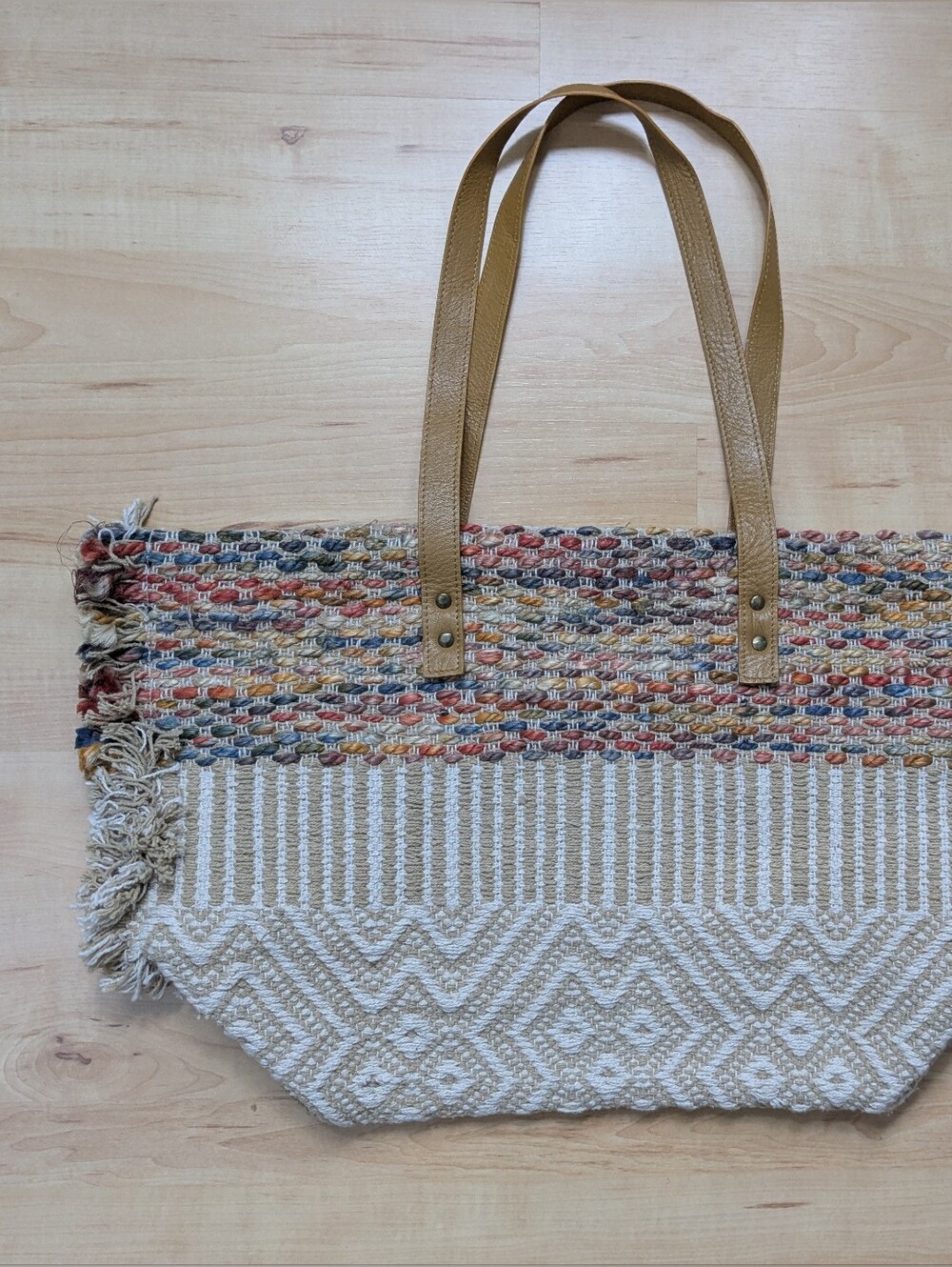 🌈 Woven Multi-Color & Cream Tote Bag with Tan Straps